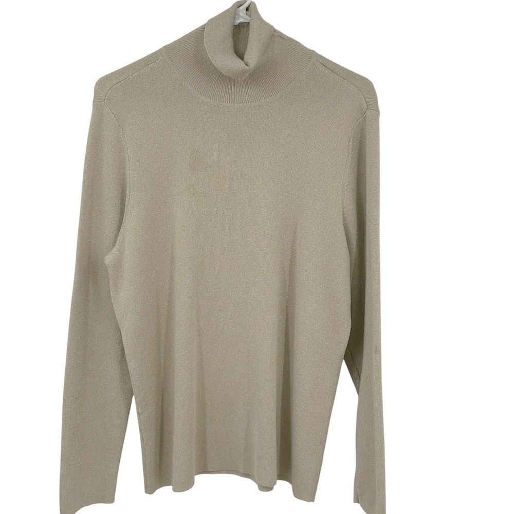 Chicos Metallic Knit Turtleneck Sweater Gold Beige Size 3/XL Long Sleeve Bling